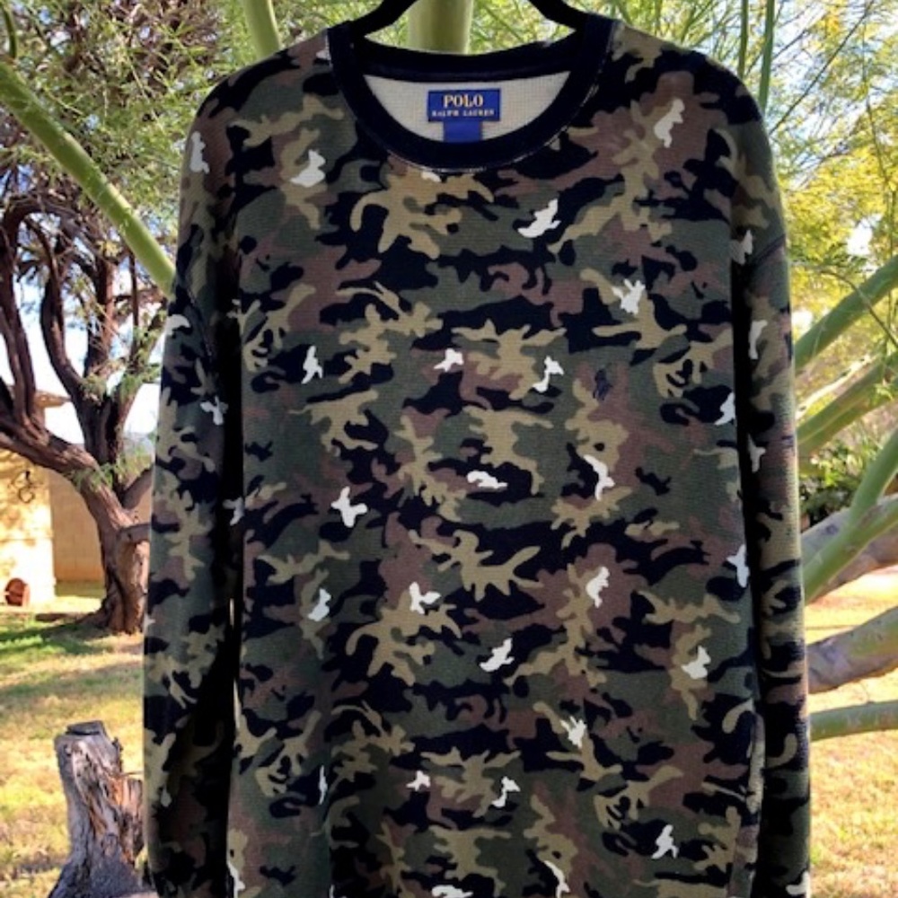 Men's Polo Ralph Lauren Green Camo  Long Sleeve Pull Over Tee - Large